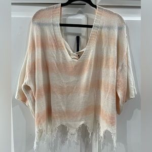 POL oversized loose, raw fringe edge, drop sleeve, tie-back knit sweater top, L